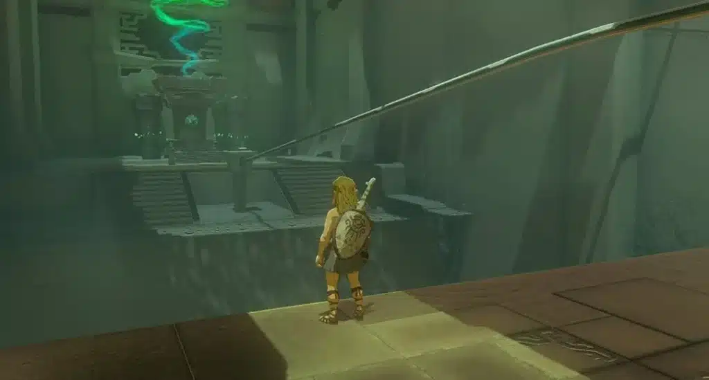 Link standing inside a Tears of the Kingdom shrine looking up at a raised platform