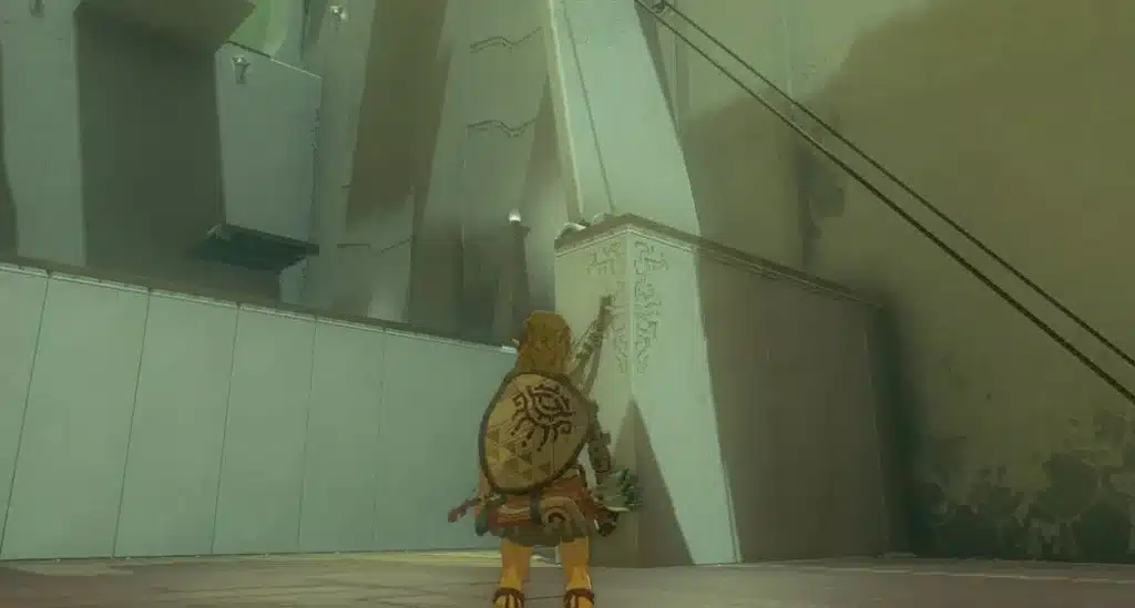 Link standing in a Tears of the Kingdom shrine room below a high ledge