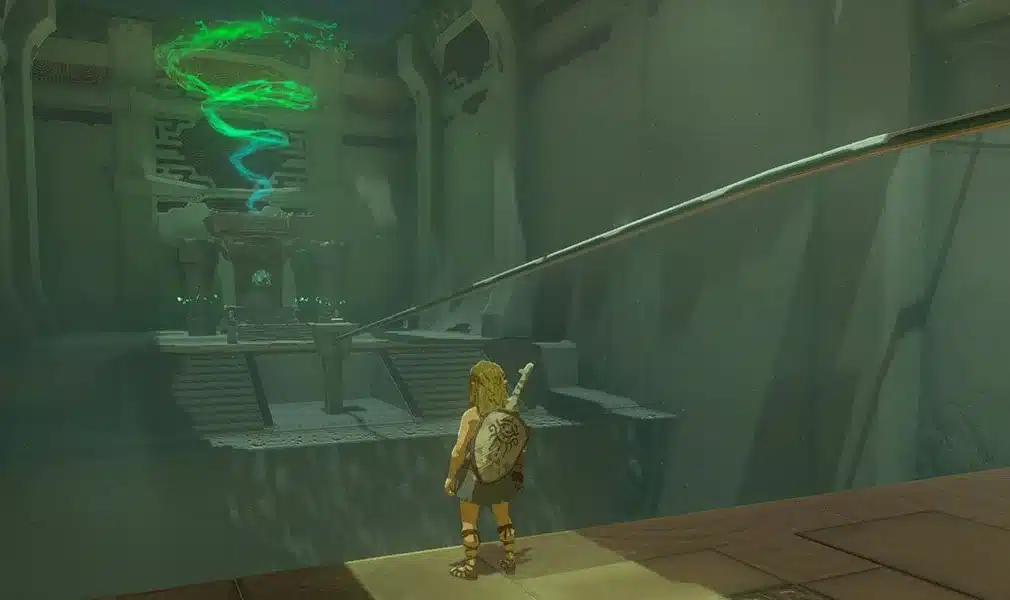 Link standing in a Tears of the Kingdom shrine room beside a long beam laid across a gap toward the glowing altar