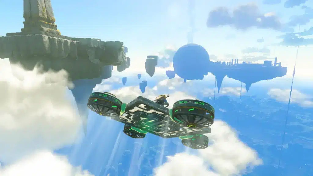A Zonai flying vehicle built from fans soaring between sky islands in Tears of the Kingdom