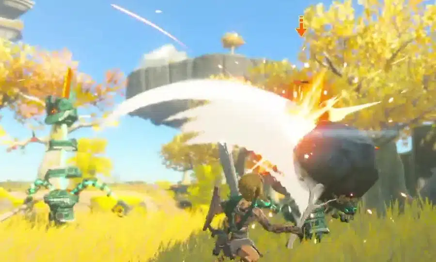 Link swinging a weapon with a boulder fused to it at a Soldier Construct on the Great Sky Island