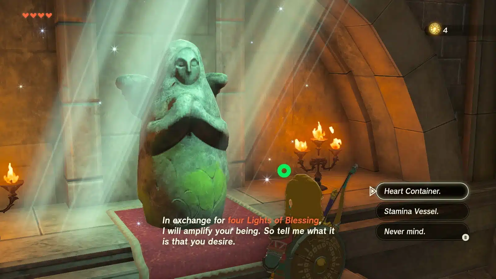 Goddess Statue offering a Heart Container or Stamina Vessel in exchange for four Lights of Blessing
