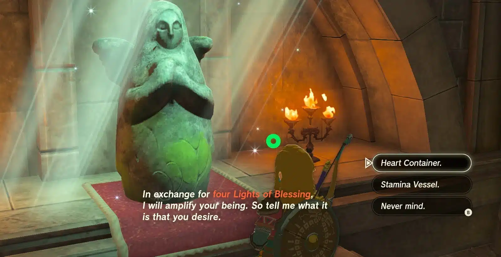 Goddess Statue in Tears of the Kingdom offering a Heart Container or Stamina Vessel for four Lights of Blessing