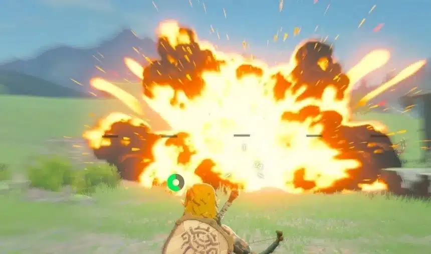 Link with a bow watching a huge explosion in front of him in Tears of the Kingdom