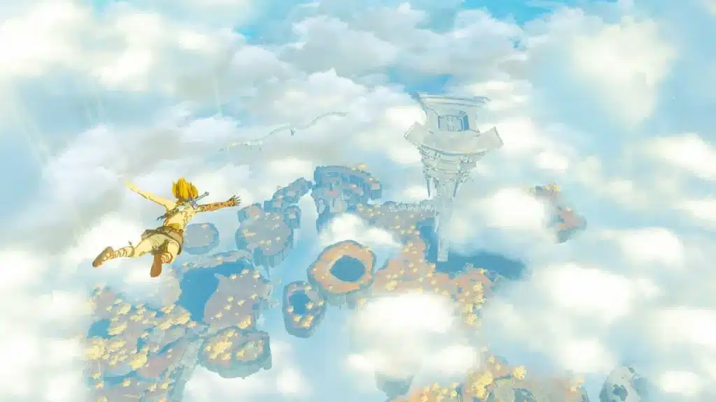 Link skydiving with arms spread above clouds and floating sky islands in Tears of the Kingdom