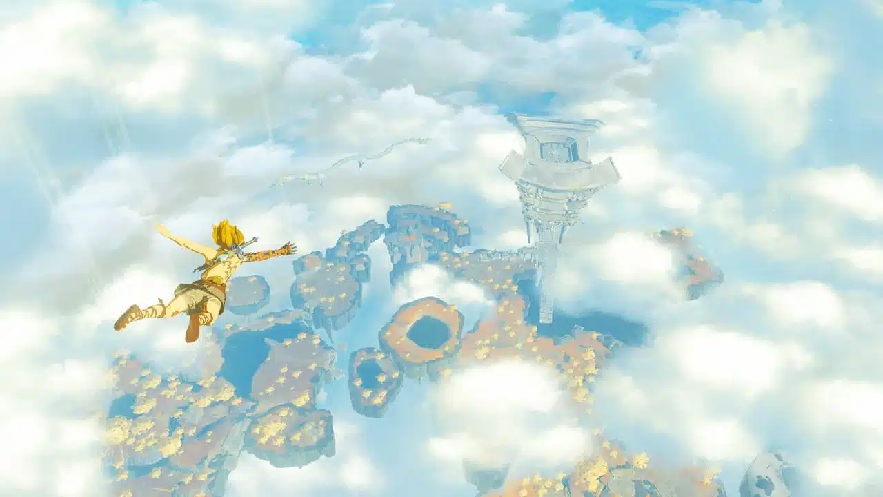 Link skydiving with arms spread above clouds and floating sky islands in Tears of the Kingdom