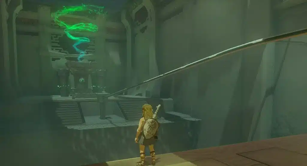 Link standing inside a Tears of the Kingdom shrine looking toward the Light of Blessing altar