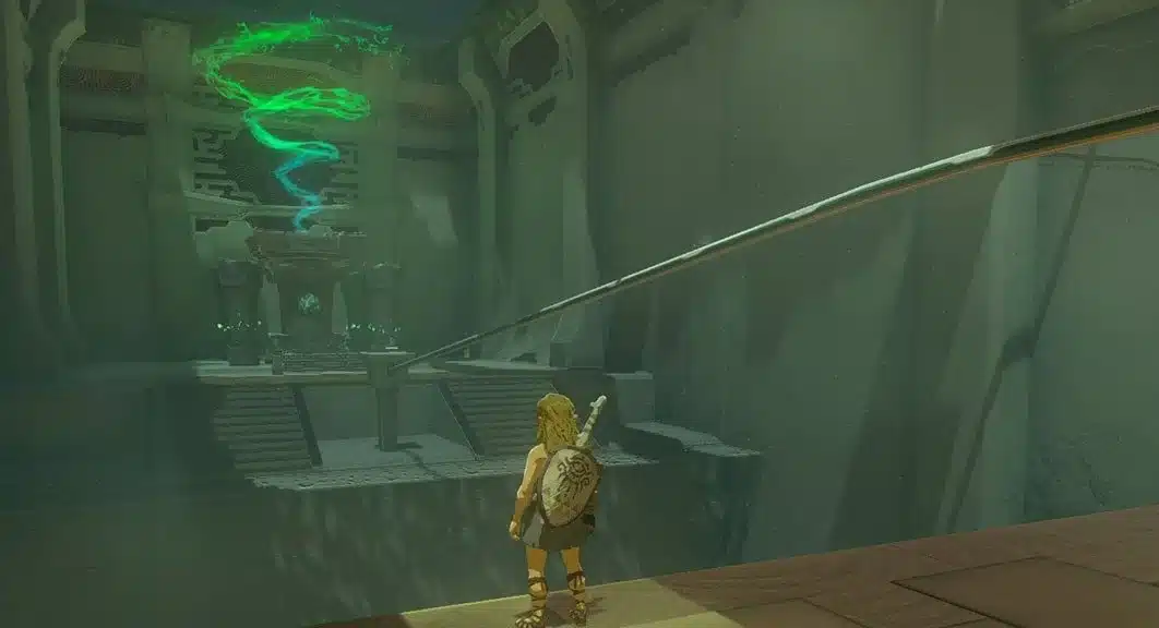 Link standing inside a Tears of the Kingdom shrine looking toward the Light of Blessing altar