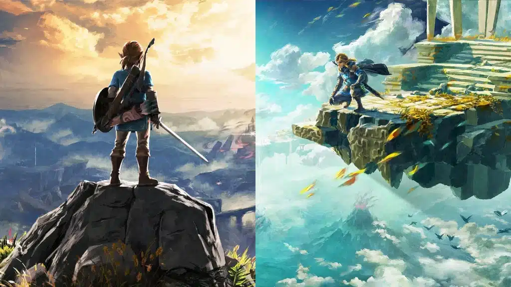 Official key art of Link overlooking Hyrule in Breath of the Wild beside Link on a sky island in Tears of the Kingdom