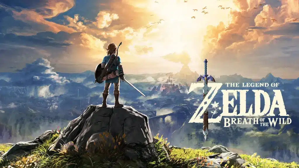 The Legend of Zelda: Breath of the Wild key art with Link standing on a cliff overlooking Hyrule