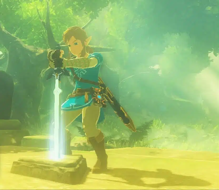 Link pulling the glowing Master Sword from its stone pedestal in Korok Forest