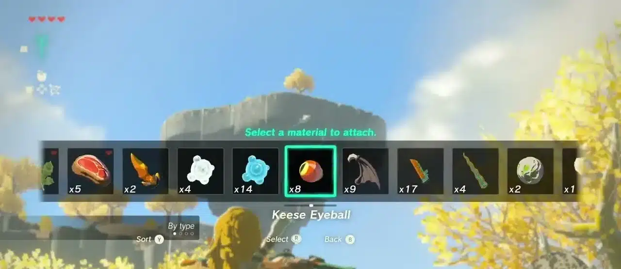 The Fuse menu in Tears of the Kingdom showing materials Link can attach to his weapon