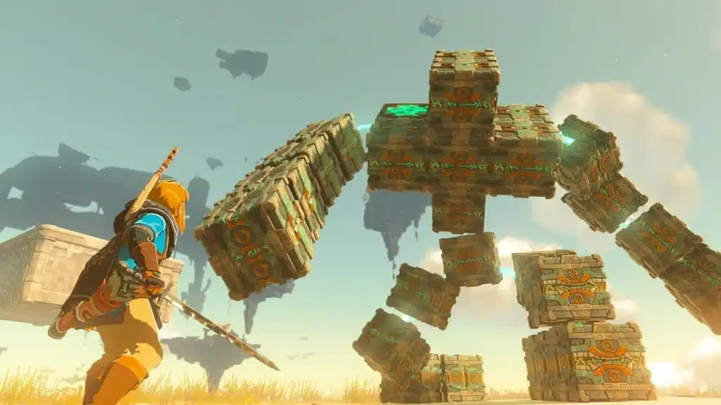 Link facing a giant construct made of Zonai blocks in Tears of the Kingdom