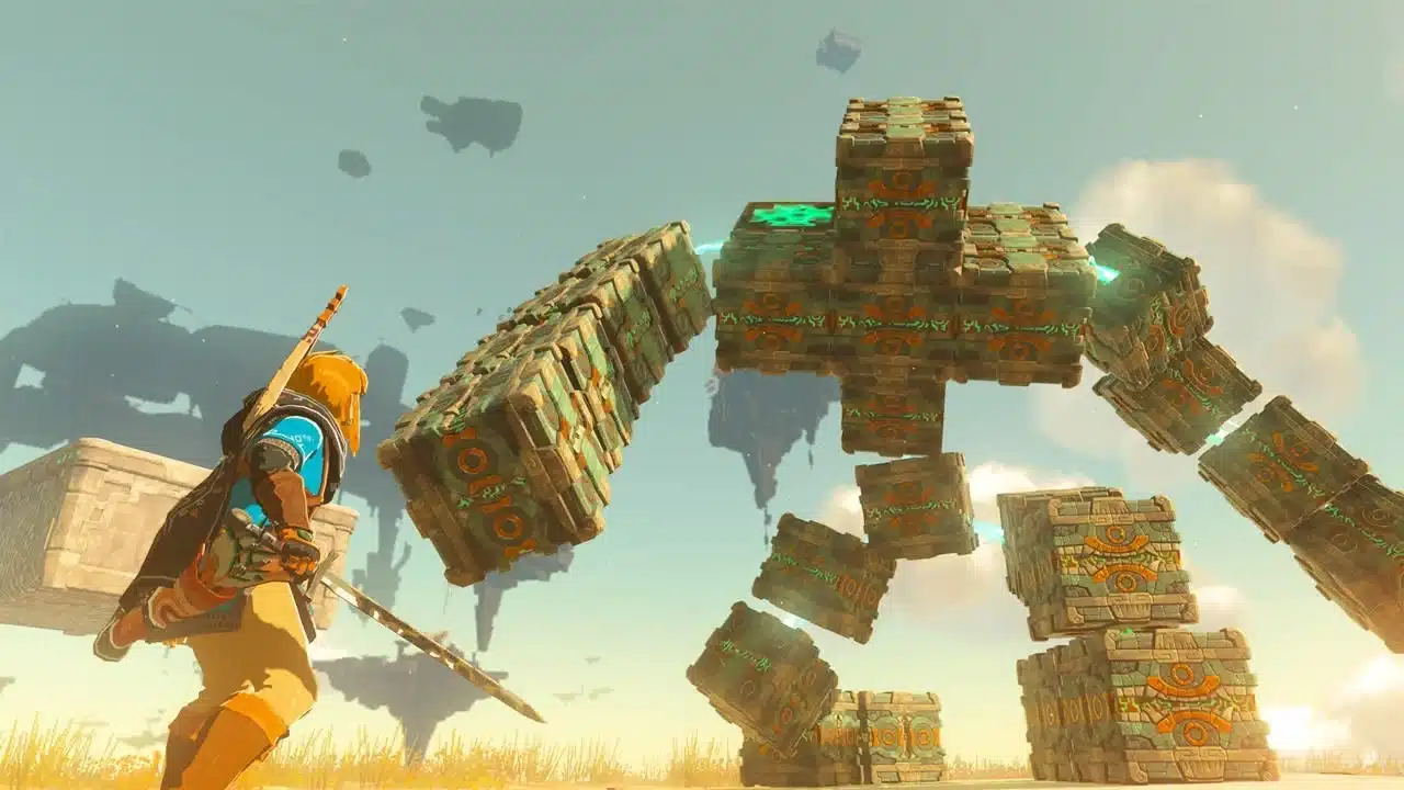 Link facing a giant construct made of Zonai blocks in Tears of the Kingdom